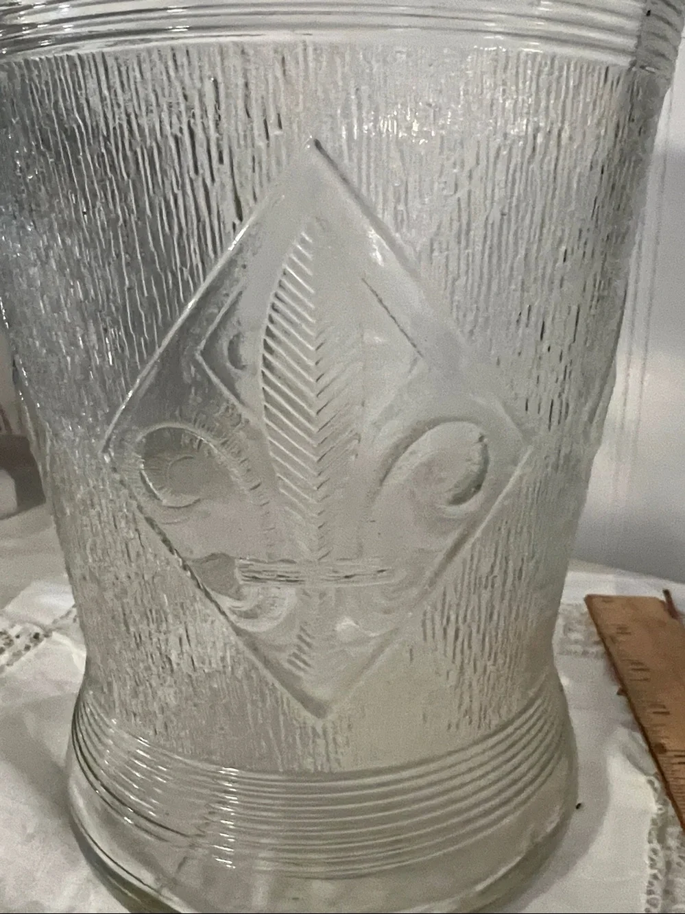 Antique Fleur de lis large ribbed glass jar 12”